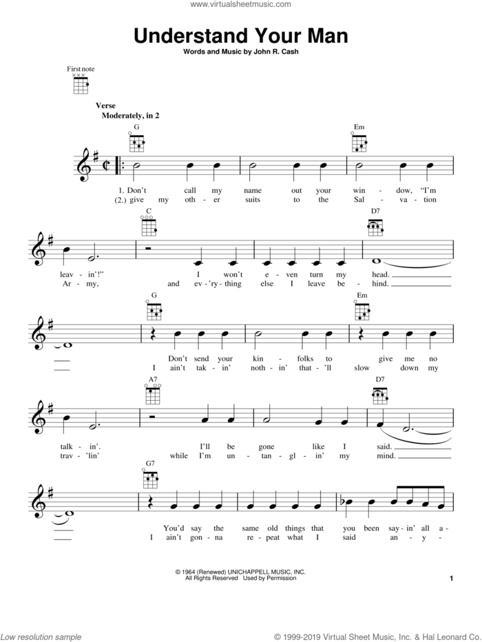 Understand Your Man sheet music for ukulele by Johnny Cash, intermediate skill level