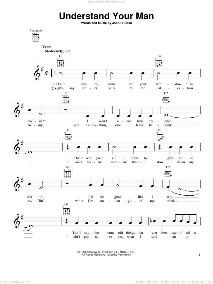 Understand Your Man sheet music for ukulele by Johnny Cash, intermediate skill level