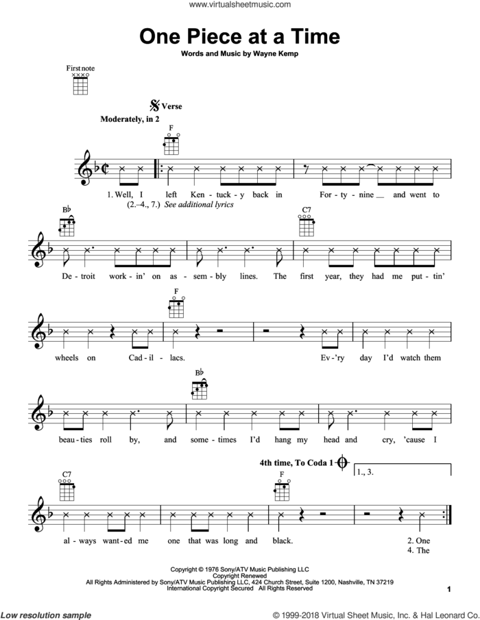 One Piece At A Time sheet music for ukulele by Johnny Cash and Wayne Kemp, intermediate skill level