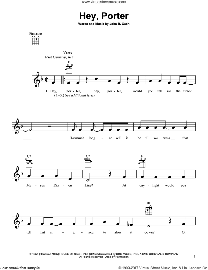 Hey, Porter sheet music for ukulele by Johnny Cash, intermediate skill level