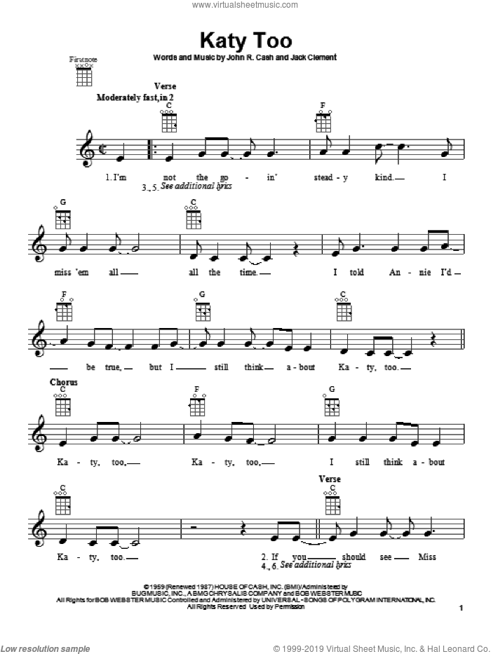 Katy Too sheet music for ukulele by Johnny Cash and Jack Clement, intermediate skill level