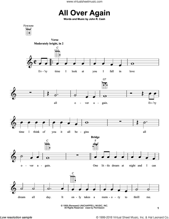 All Over Again sheet music for ukulele by Johnny Cash, intermediate skill level