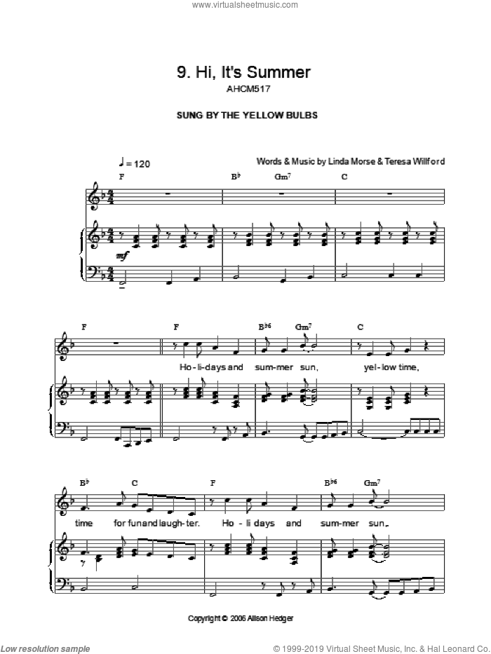 Hi, It's Summer (from Mister Lillibub's Lovely Light Bulbs) sheet music for voice, piano or guitar by Alison Hedger, Linda Morse and Teresa Willford, intermediate skill level