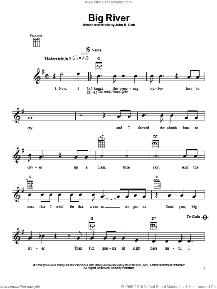 Big River sheet music for ukulele by Johnny Cash, intermediate skill level