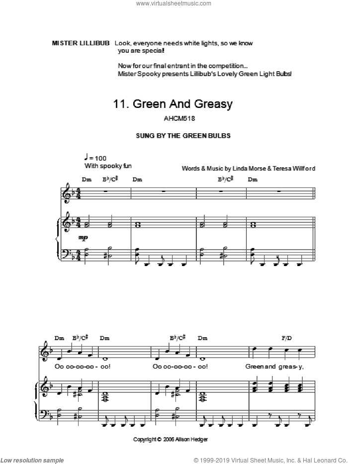Green And Greasy (from Mister Lillibub's Lovely Light Bulbs) sheet music for voice, piano or guitar by Alison Hedger, Linda Morse and Teresa Willford, intermediate skill level