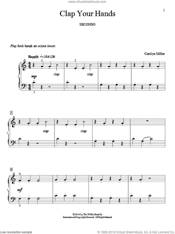 Clap Your Hands sheet music for piano four hands by Carolyn Miller, classical score, intermediate skill level