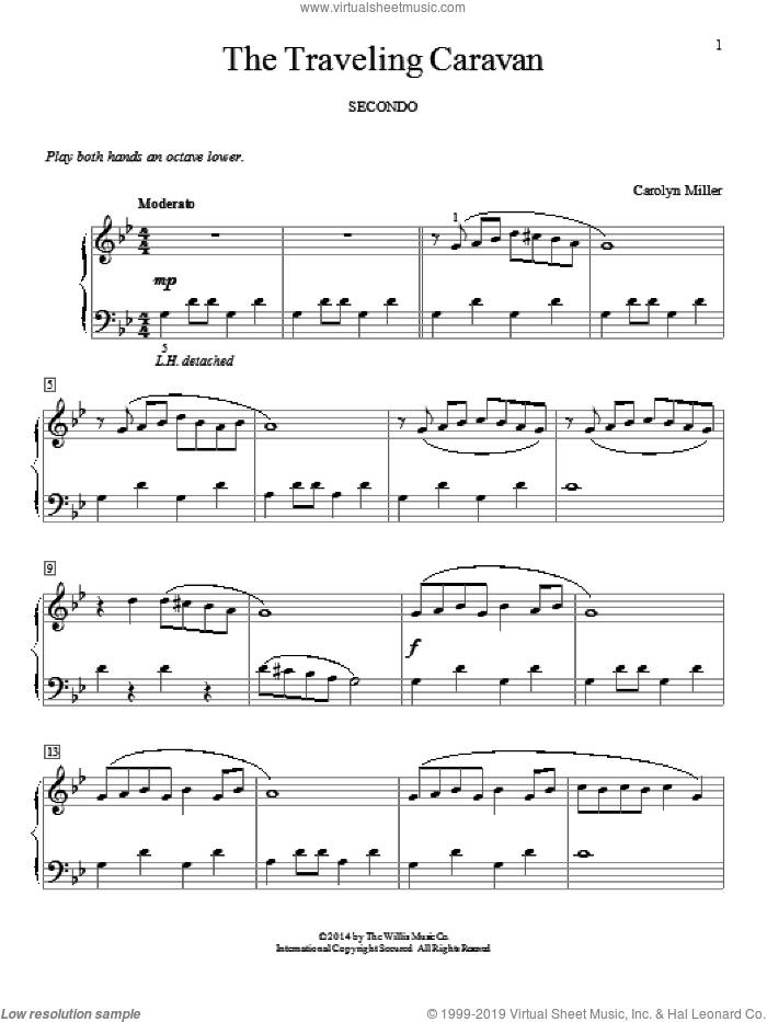 The Traveling Caravan sheet music for piano four hands by Carolyn Miller, classical score, intermediate skill level