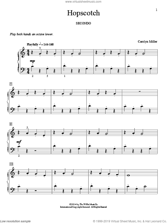 Hopscotch sheet music for piano four hands by Carolyn Miller, classical score, intermediate skill level