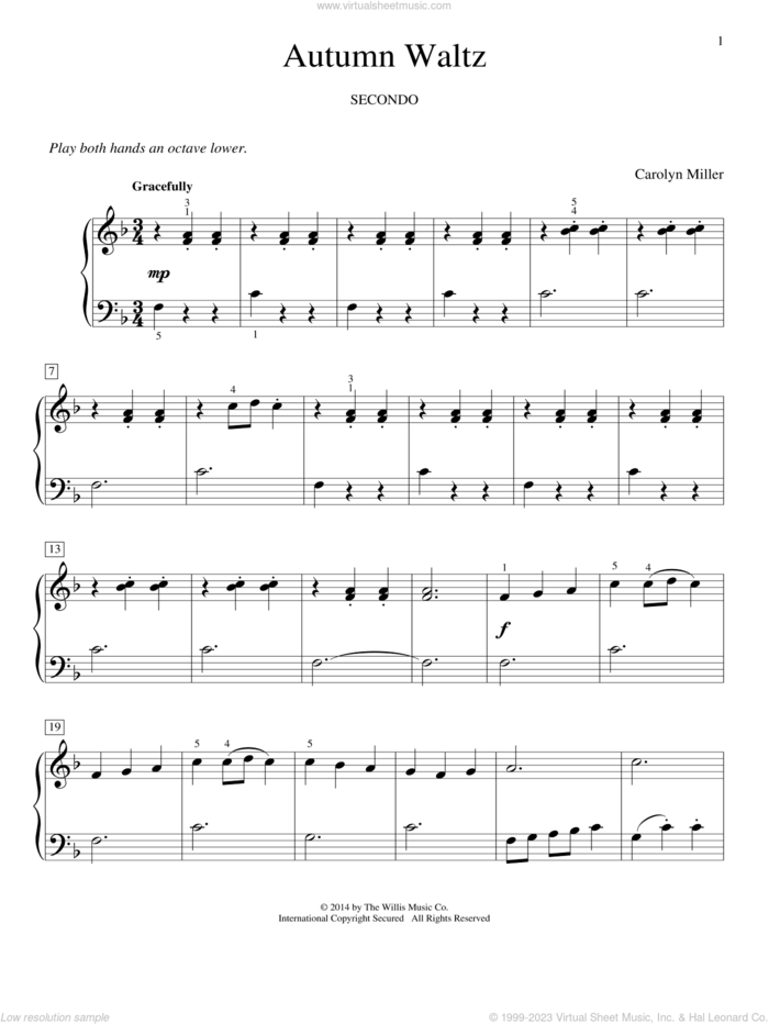 Autumn Waltz sheet music for piano four hands by Carolyn Miller, classical score, intermediate skill level