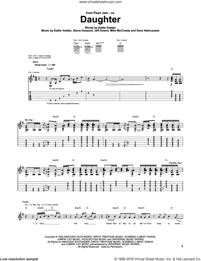 Daughter sheet music for guitar (tablature) by Pearl Jam, David Abbruzzese, Eddie Vedder, Jeffrey Ament, Michael McCready and Stone Gossard, intermediate skill level