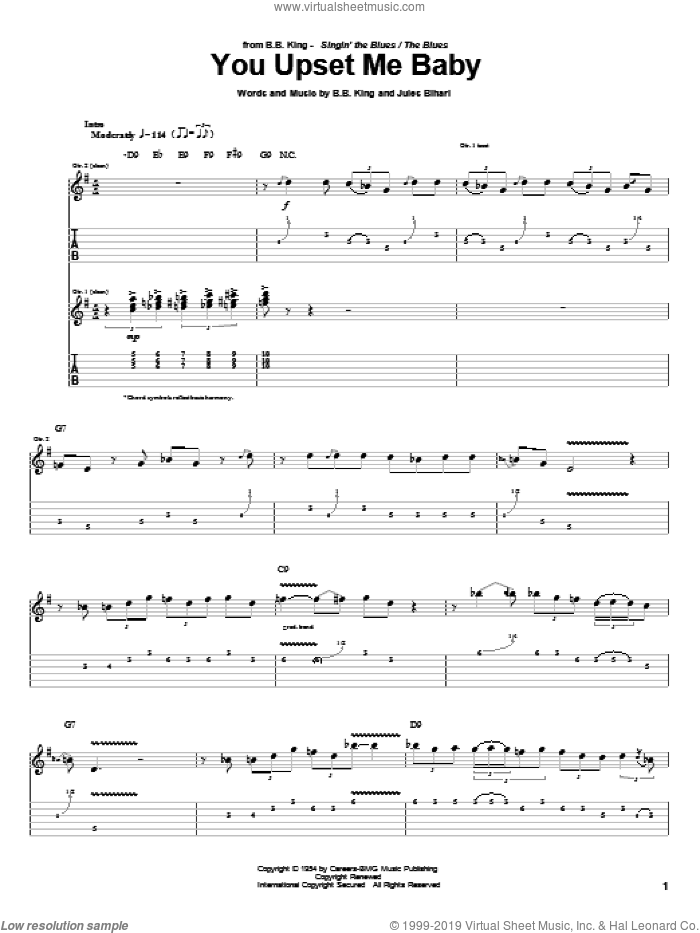 You Upset Me Baby sheet music for guitar (tablature) by B.B. King and Jules Bihari, intermediate skill level