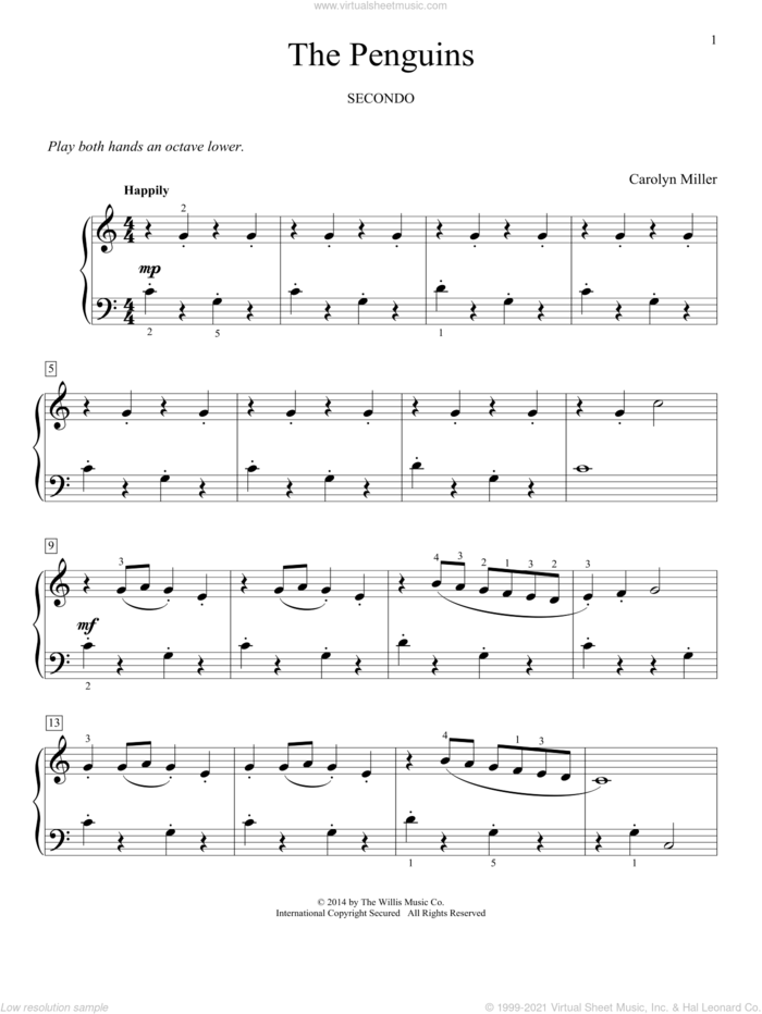 The Penguins sheet music for piano four hands by Carolyn Miller, classical score, intermediate skill level