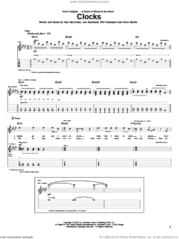Clocks sheet music for guitar (tablature) by Coldplay, Chris Martin, Guy Berryman, Jon Buckland and Will Champion, intermediate skill level