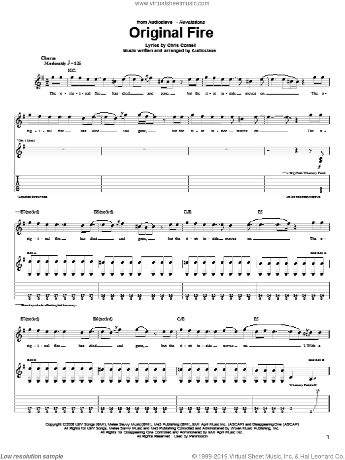 Original Fire sheet music for guitar (tablature) by Audioslave, Brad Wilk, Chris Cornell, Timothy Commerford and Tom Morello, intermediate skill level