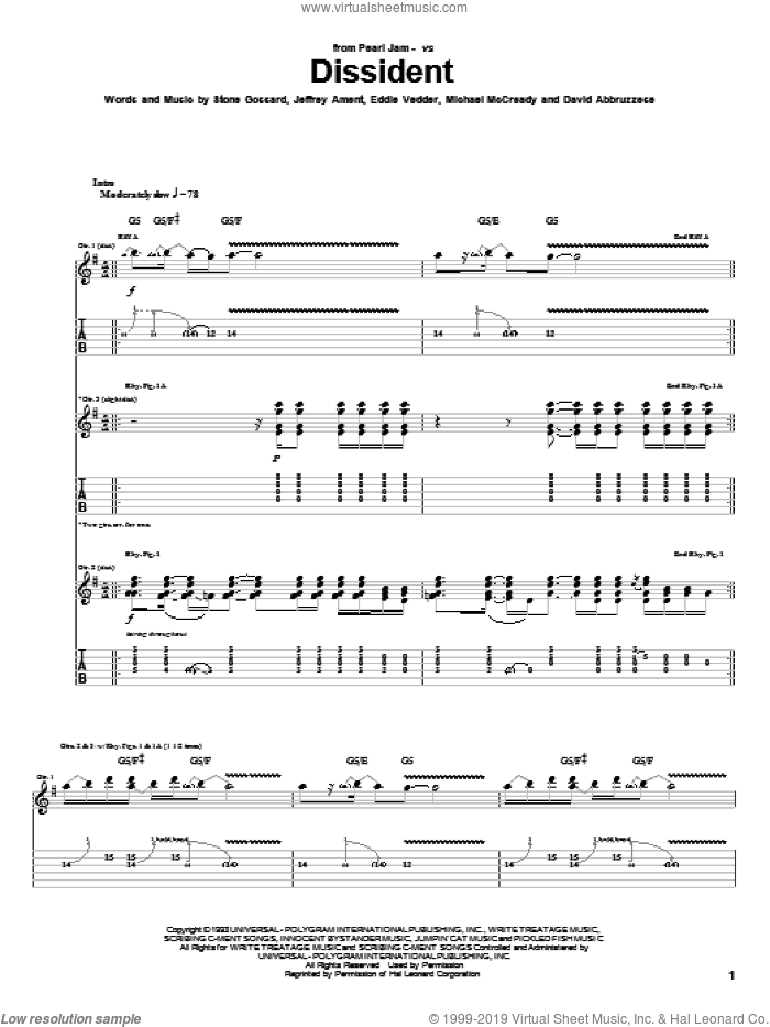 Dissident sheet music for guitar (tablature) by Pearl Jam, David Abbruzzese, Eddie Vedder, Jeffrey Ament, Michael McCready and Stone Gossard, intermediate skill level
