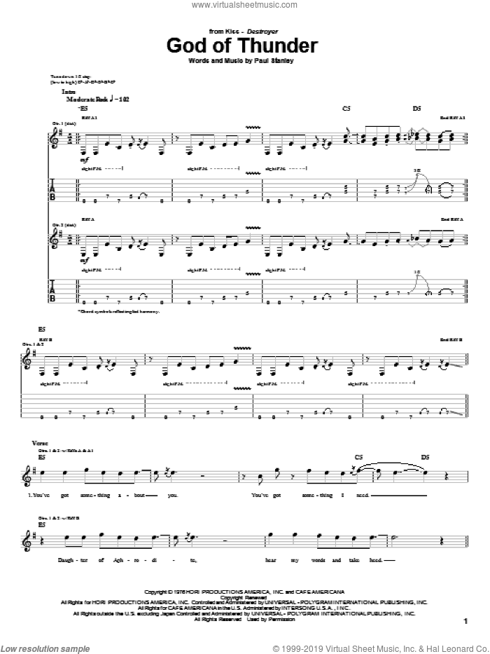 God Of Thunder sheet music for guitar (tablature) by KISS and Paul Stanley, intermediate skill level
