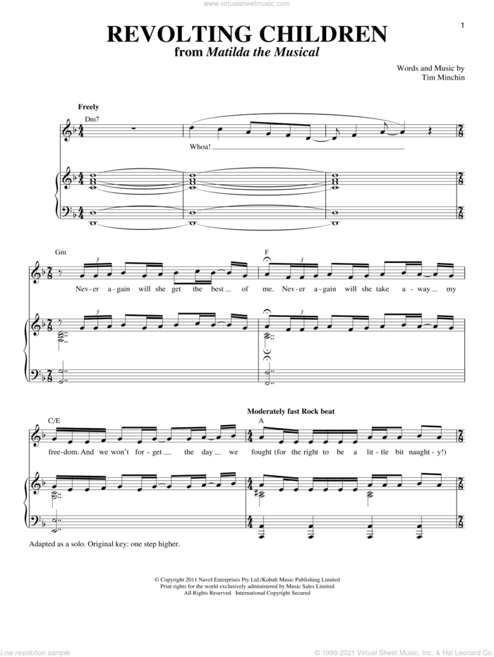 Revolting Children sheet music for voice and piano by Tim Minchin, intermediate skill level