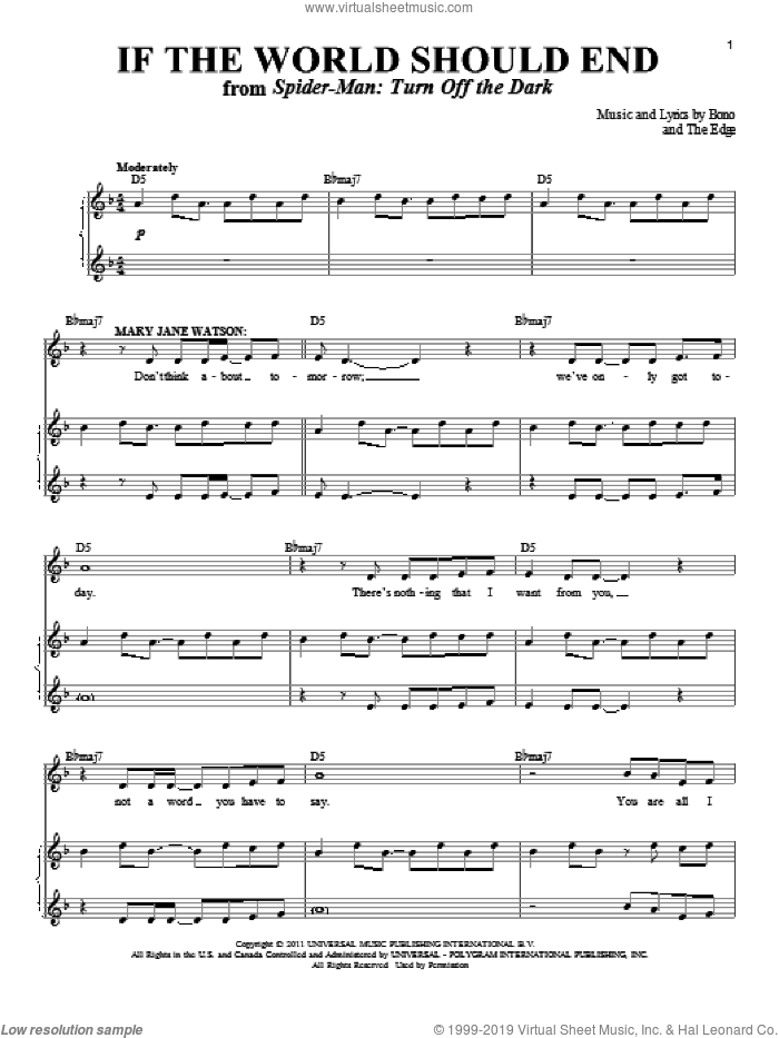 If The World Should End sheet music for voice and piano by Bono & The Edge, Bono and The Edge, intermediate skill level