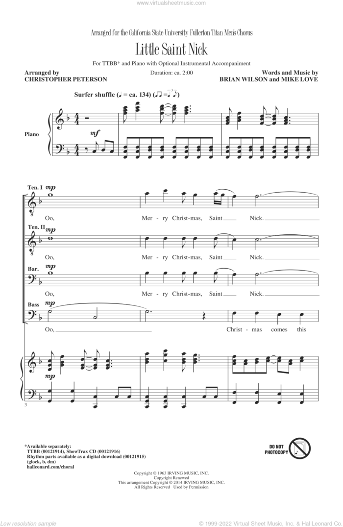 Little Saint Nick sheet music for choir (TTBB: tenor, bass) by Brian Wilson, Christopher Peterson and The Beach Boys, intermediate skill level