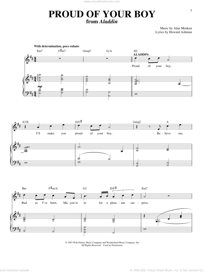Proud Of Your Boy (from Aladdin) sheet music for voice and piano by Alan Menken and Howard Ashman, intermediate skill level