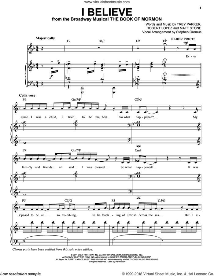 I Believe sheet music for voice and piano by Trey Parker & Matt Stone, Matt Stone, Robert Lopez and Trey Parker, intermediate skill level