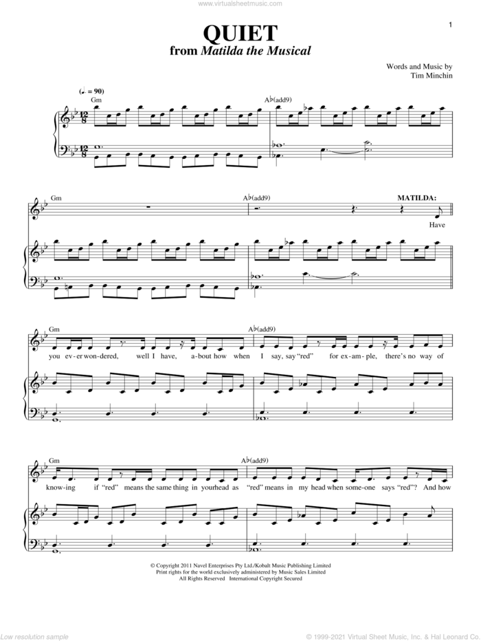 Quiet sheet music for voice and piano by Tim Minchin, intermediate skill level