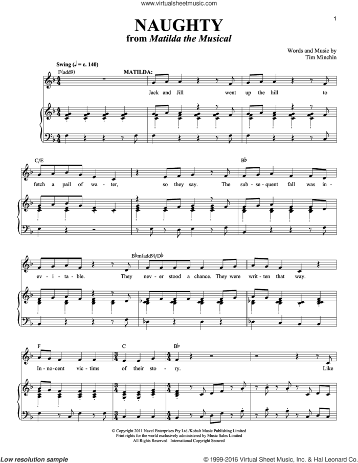 Naughty sheet music for voice and piano by Tim Minchin, intermediate skill level