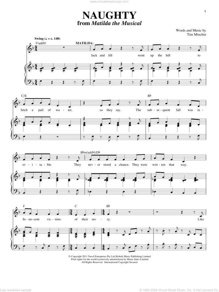 Naughty sheet music for voice and piano by Tim Minchin, intermediate skill level