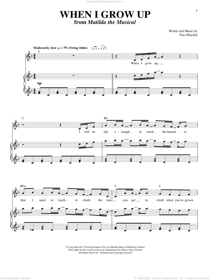 When I Grow Up sheet music for voice and piano by Tim Minchin, intermediate skill level