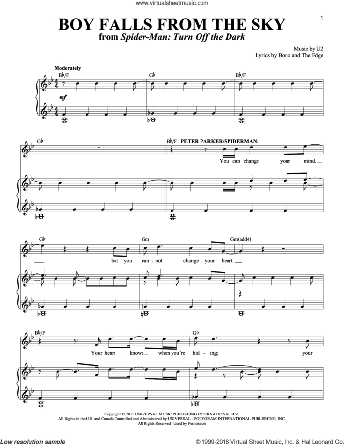 Boy Falls From The Sky sheet music for voice and piano by Bono & The Edge, Bono, The Edge and U2, intermediate skill level