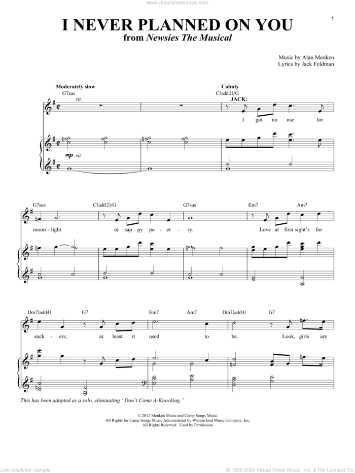 I Never Planned On You/Don't Come A-Knocking sheet music for voice and piano by Alan Menken and Jack Feldman, intermediate skill level