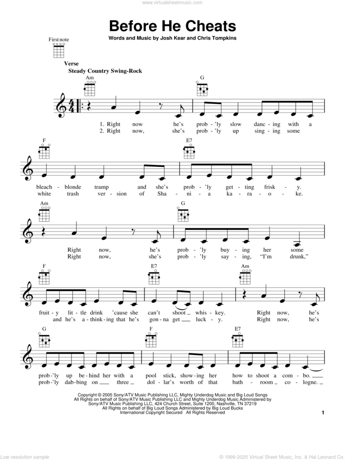 Before He Cheats sheet music for ukulele by Carrie Underwood, Chris Tompkins and Josh Kear, intermediate skill level