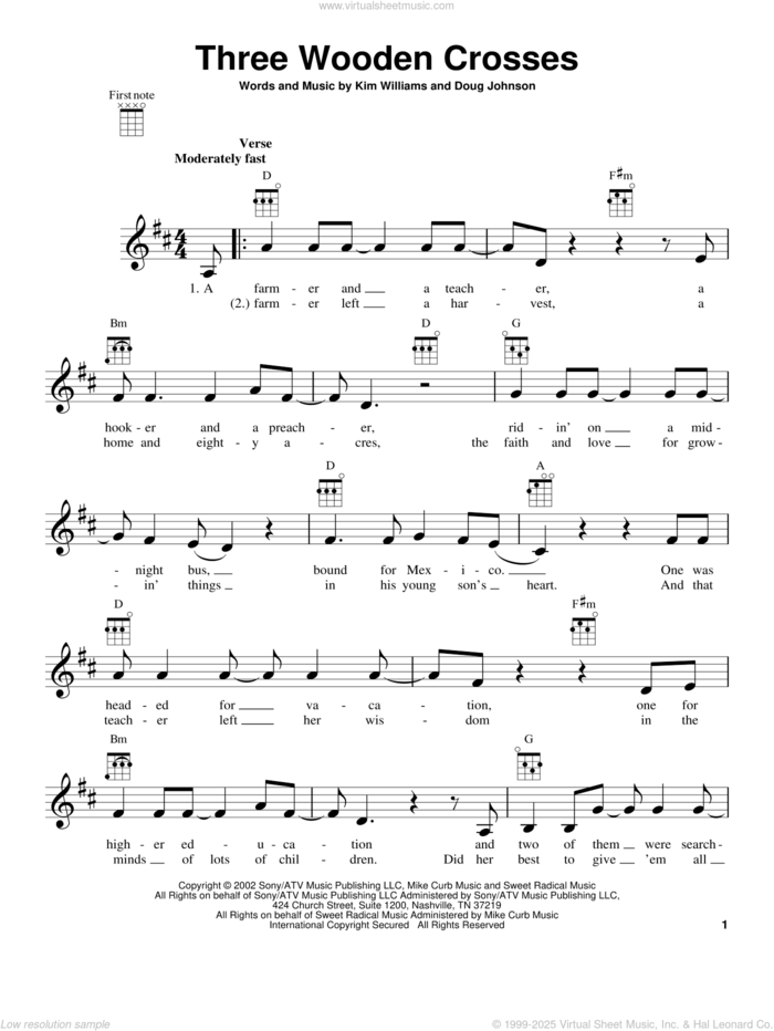 Three Wooden Crosses sheet music for ukulele by Randy Travis, Doug Johnson and Kim Williams, intermediate skill level