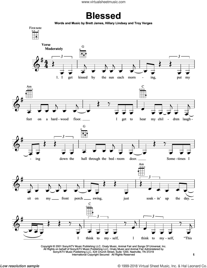 Blessed sheet music for ukulele by Martina McBride, Brett James, Hillary Lindsey and Troy Verges, intermediate skill level
