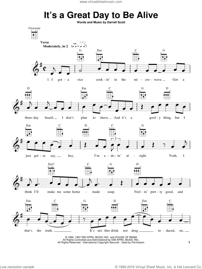 It's A Great Day To Be Alive sheet music for ukulele by Travis Tritt and Darrell Scott, intermediate skill level