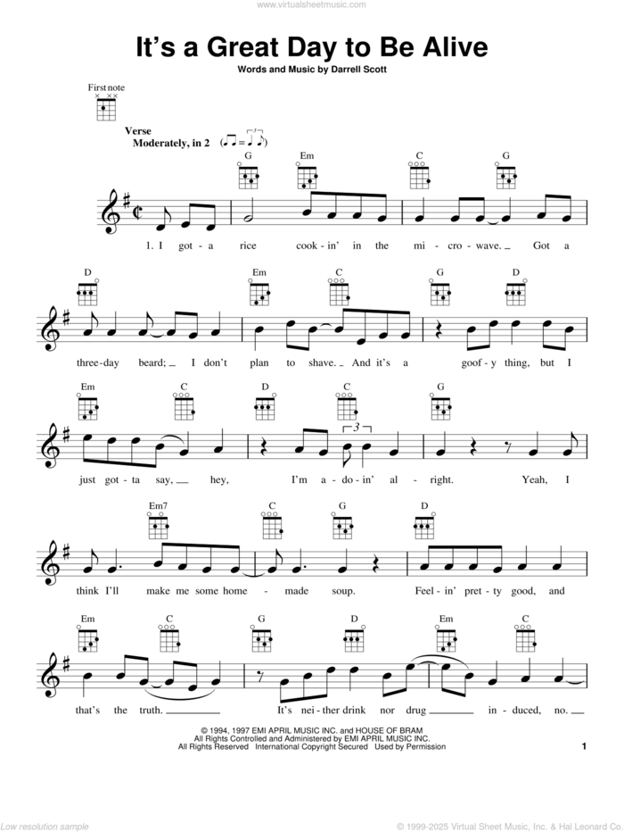 It's A Great Day To Be Alive sheet music for ukulele by Travis Tritt and Darrell Scott, intermediate skill level