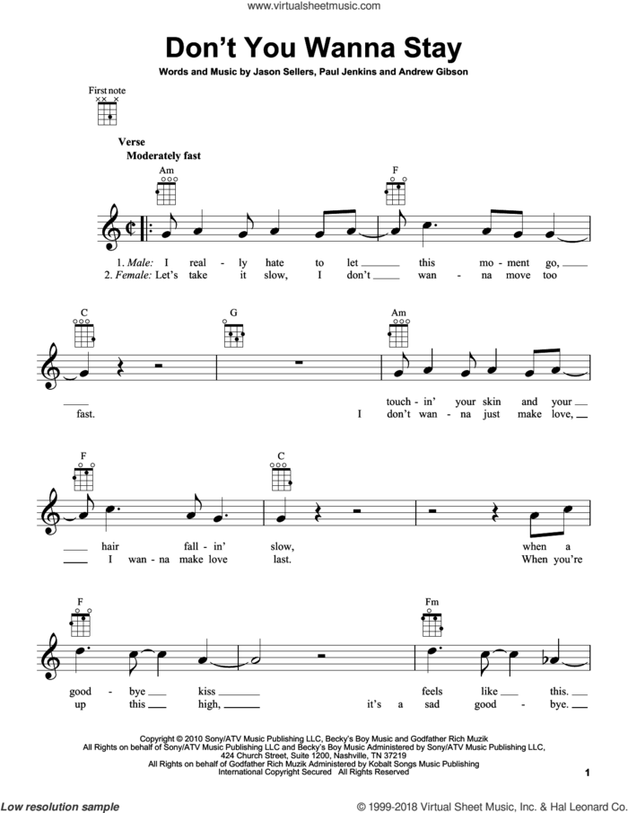 Don't You Wanna Stay sheet music for ukulele by Jason Aldean with Kelly Clarkson, Andrew Gibson, Jason Sellers and Paul Jenkins, intermediate skill level