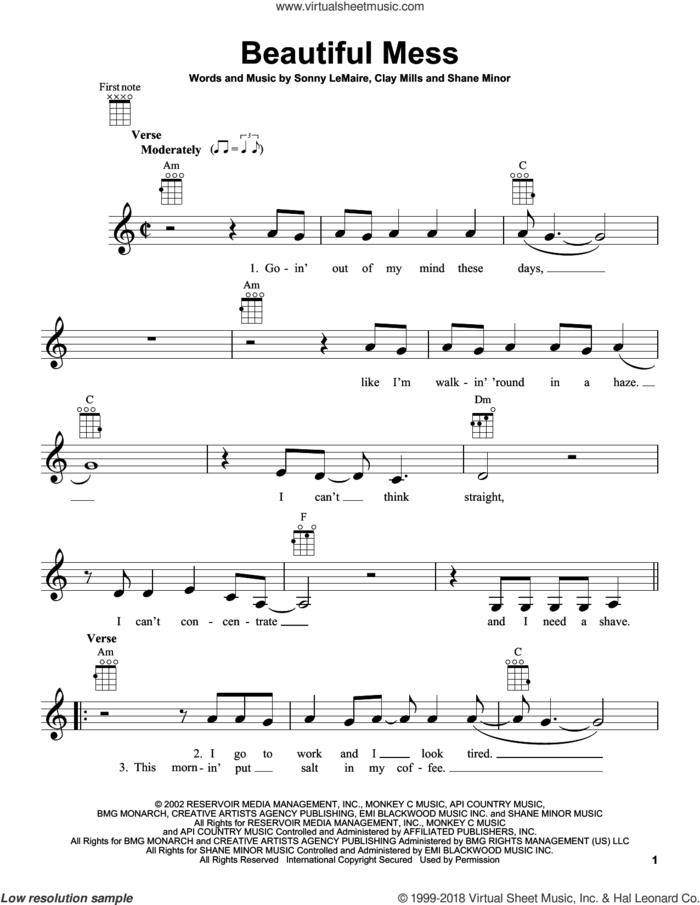 Beautiful Mess sheet music for ukulele by Diamond Rio, Clay Mills, Shane Minor and Sonny LeMaire, intermediate skill level