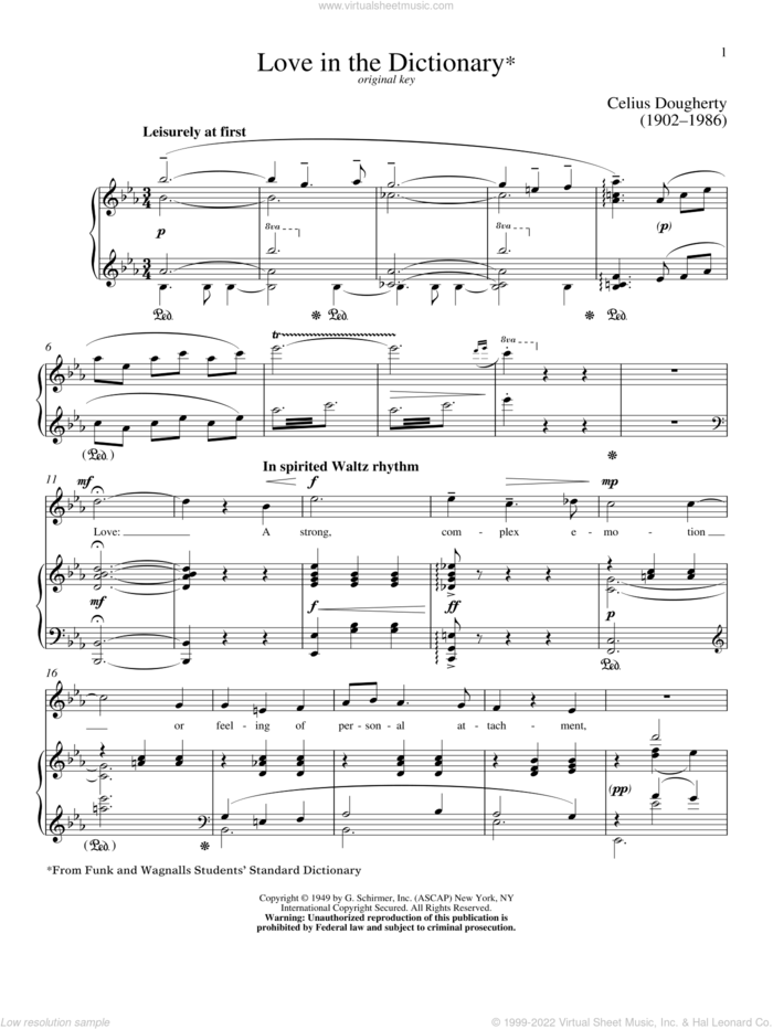 Love In The Dictionary sheet music for voice and piano (High Voice) by Celius Dougherty and Richard Walters, classical score, intermediate skill level