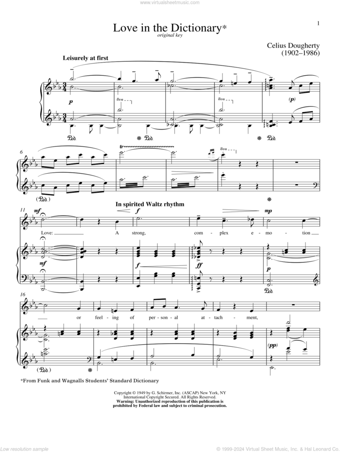 Love In The Dictionary sheet music for voice and piano (High Voice) by Celius Dougherty and Richard Walters, classical score, intermediate skill level