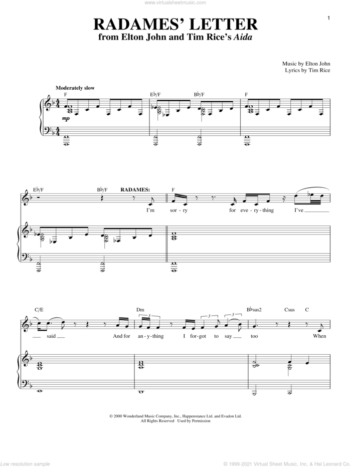 Radames' Letter sheet music for voice and piano by Elton John and Tim Rice, intermediate skill level