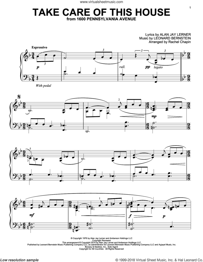 Take Care Of This House sheet music for piano solo by Leonard Bernstein and Alan Jay Lerner, intermediate skill level