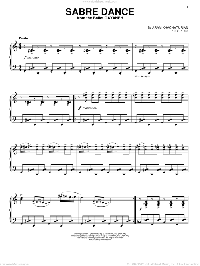 Sabre Dance, (intermediate) sheet music for piano solo by Aram Khachaturian, classical score, intermediate skill level