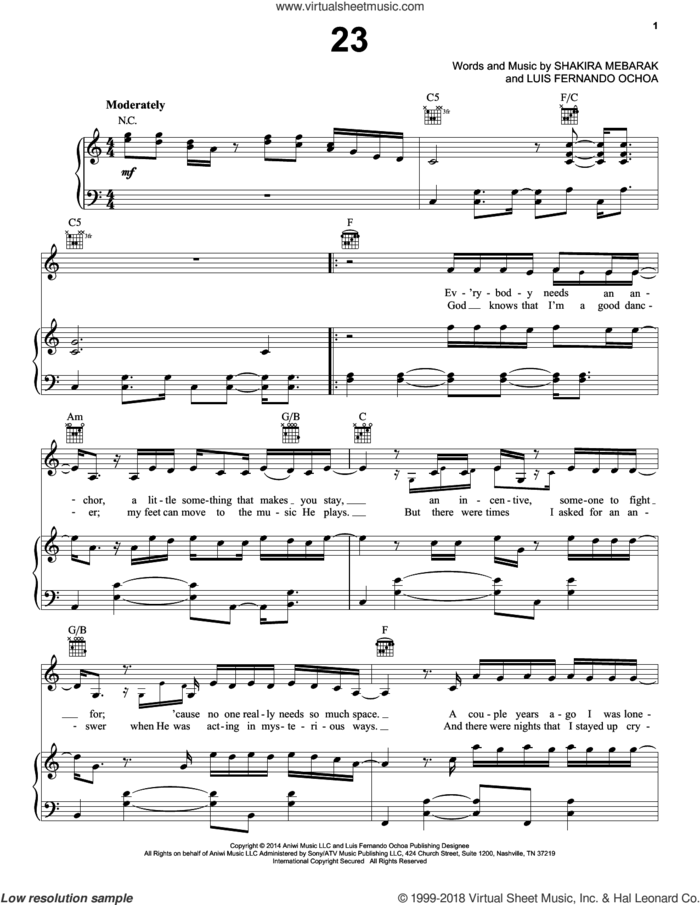 23 sheet music for voice, piano or guitar by Shakira, Luis Fernando Ochoa and Shakira Mebarak, intermediate skill level