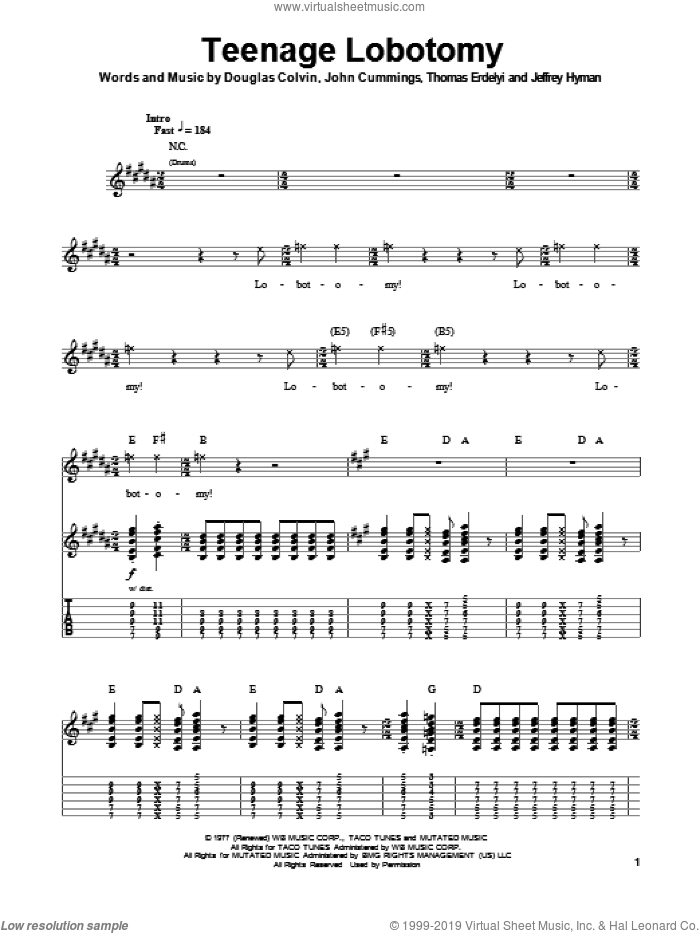 Teenage Lobotomy sheet music for guitar (tablature, play-along) by Ramones, The Ramones, Douglas Colvin, Jeffrey Hyman, John Cummings and Thomas Erdelyi, intermediate skill level