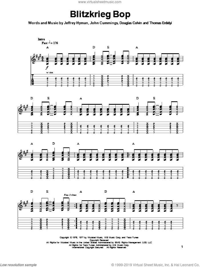 Blitzkrieg Bop sheet music for guitar (tablature, play-along) by Ramones, Douglas Colvin, Jeffrey Hyman, John Cummings and Thomas Erdelyi, intermediate skill level