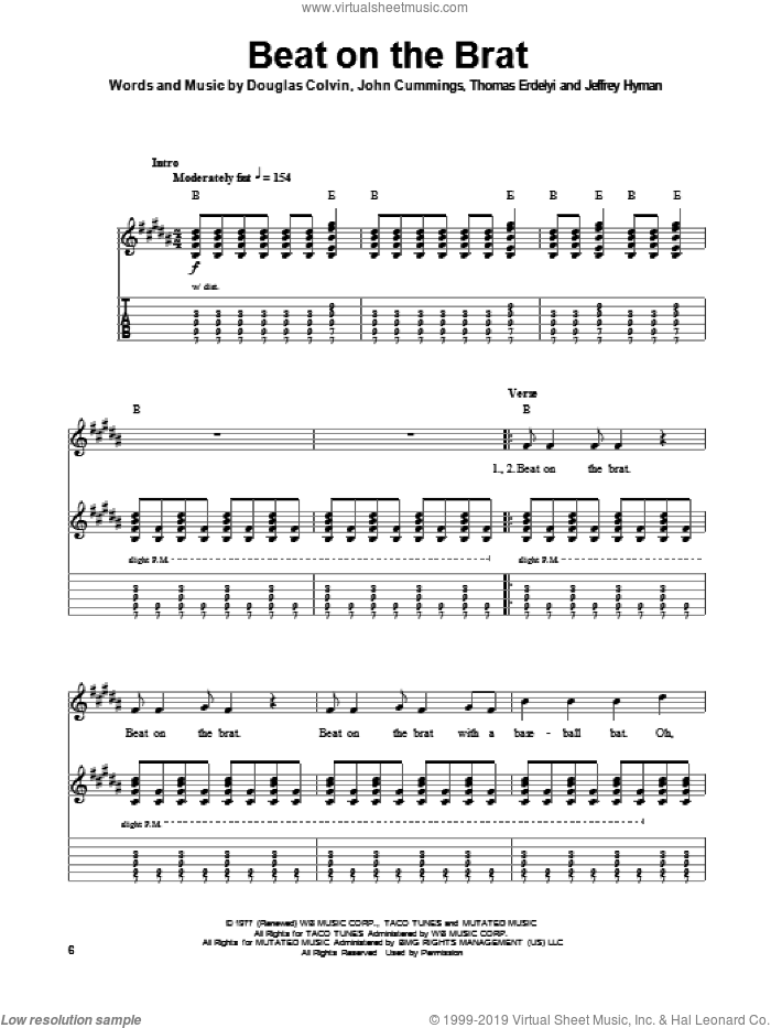 Beat On The Brat sheet music for guitar (tablature, play-along) by Ramones, Douglas Colvin, Jeffrey Hyman, John Cummings and Thomas Erdelyi, intermediate skill level