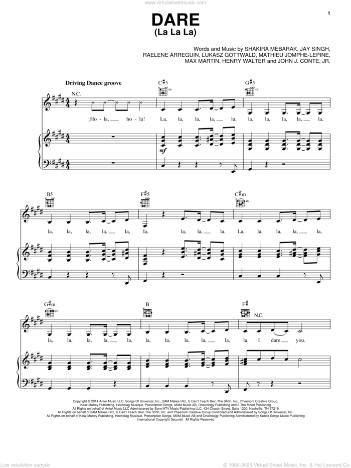 Dare (La La La) sheet music for voice, piano or guitar by Shakira, Henry Walter, Jay Singh, John J. Conte, Jr., Lukasz Gottwald, Mathieu Jomphe-Lepine, Max Martin, Raelene Arreguin and Shakira Mebarak, intermediate skill level