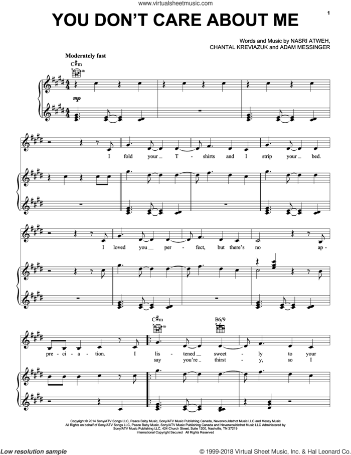 You Don't Care About Me sheet music for voice, piano or guitar by Shakira, Adam Messinger, Chantal Kreviazuk and Nasri Atweh, intermediate skill level