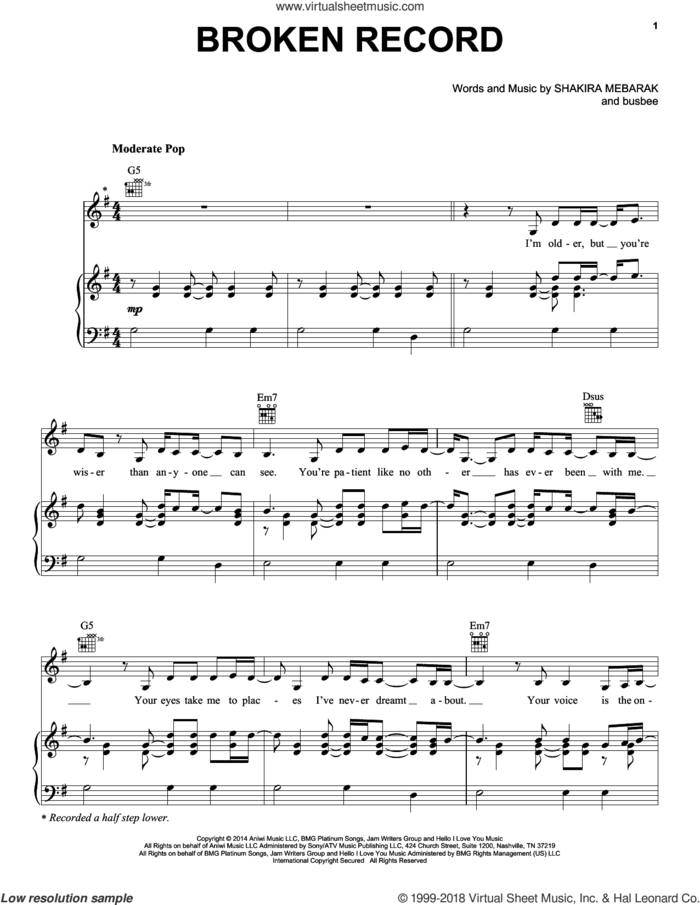Broken Record sheet music for voice, piano or guitar by Shakira, busbee and Shakira Mebarak, intermediate skill level